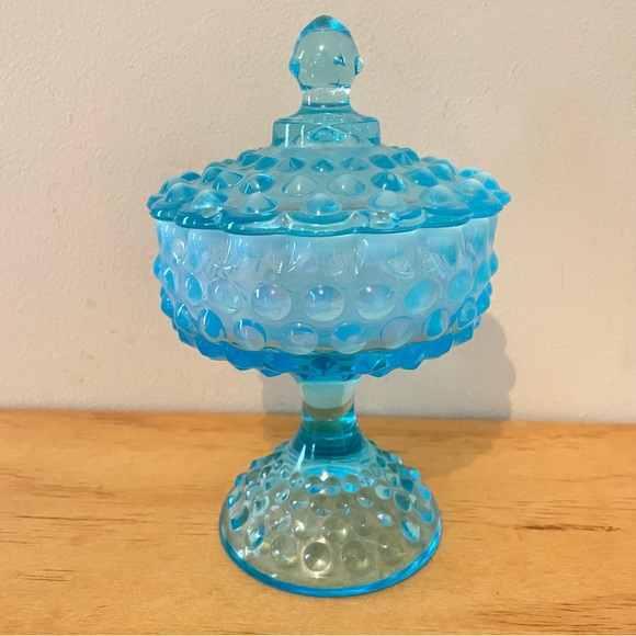 Fenton Art Fenton Blue Opalescent Hobnail Glass Compote Candy Dish